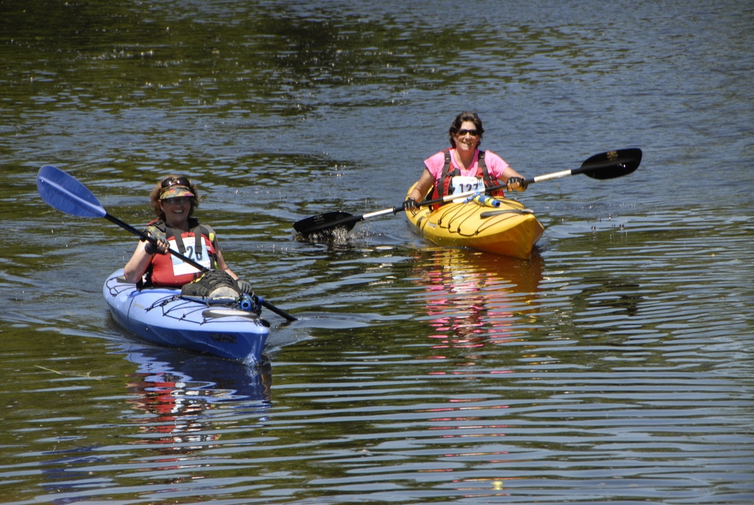 Two people kayaking on a lake