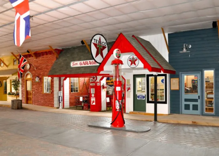 An old gas station on display in Farmtown Park in Stirling