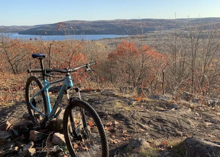 Bike sitting atop the Kamaniskeg Lake Mountain Biking Trail in Hastings Highlands, Ontario