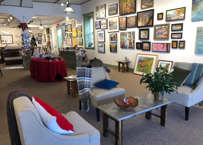 View of the interior of an art gallery with a nice seating area